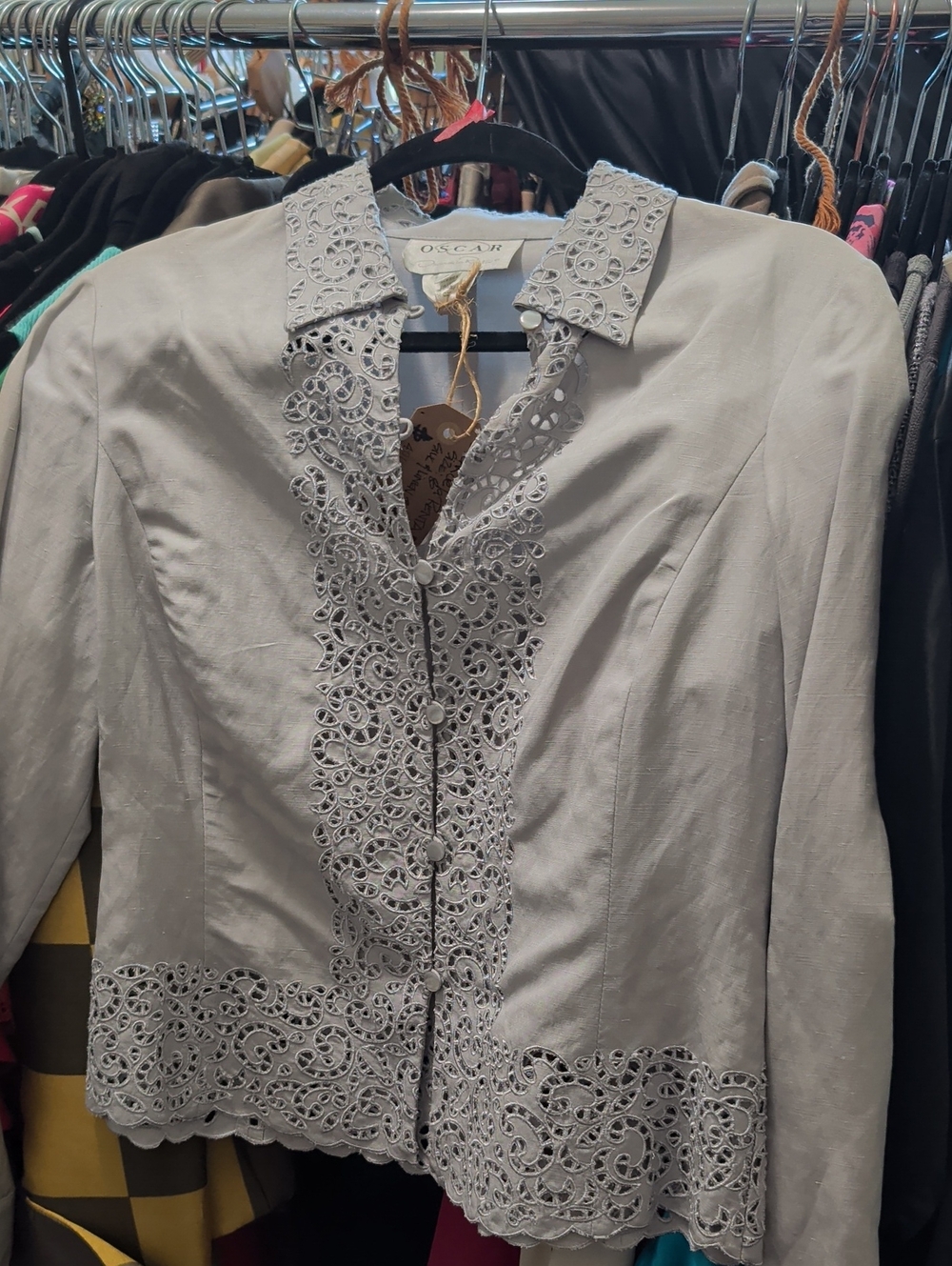 Oscar de la Renta Light Gray Lace-Trim Button Down Top